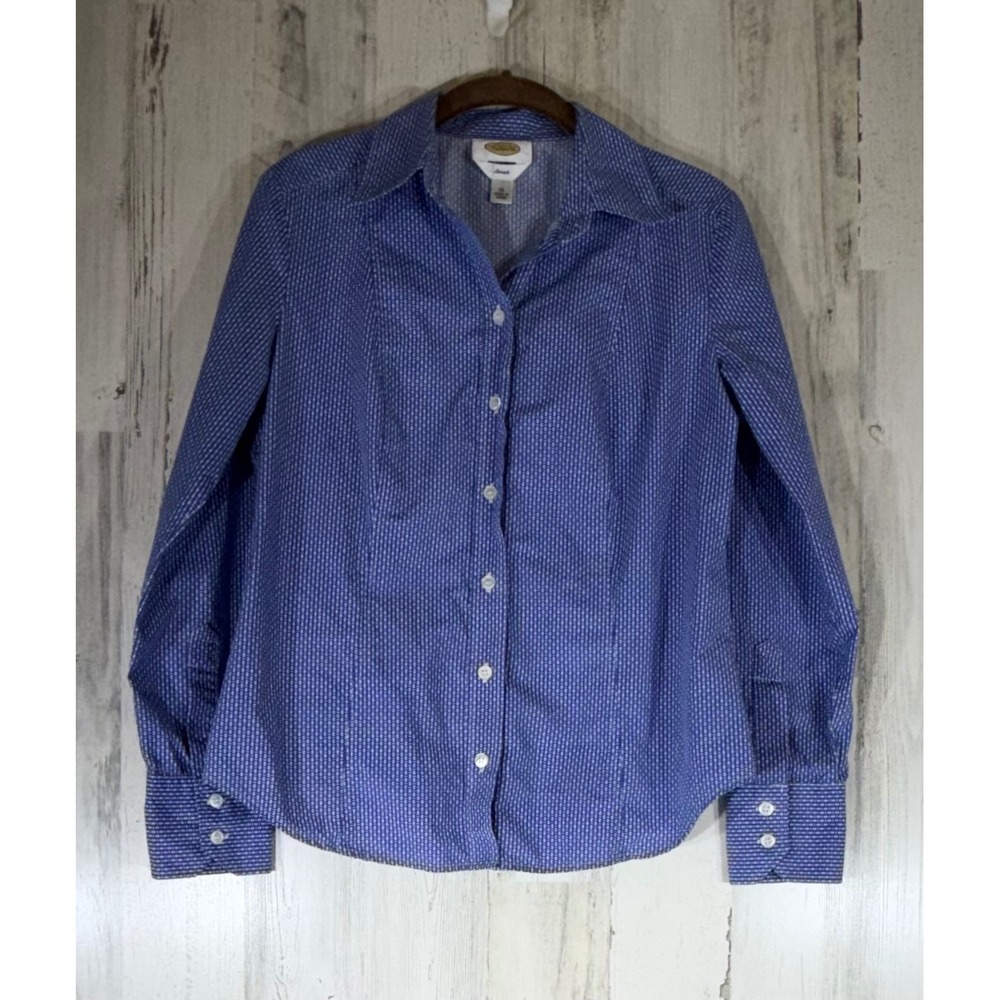 Talbots Button Up Shirt 10 Blue White Geometric Stretch Office Career Office